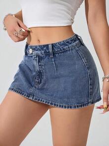 Falda mini de mezclilla lavada informal para mujer - Azul lavado medio - Ver 1