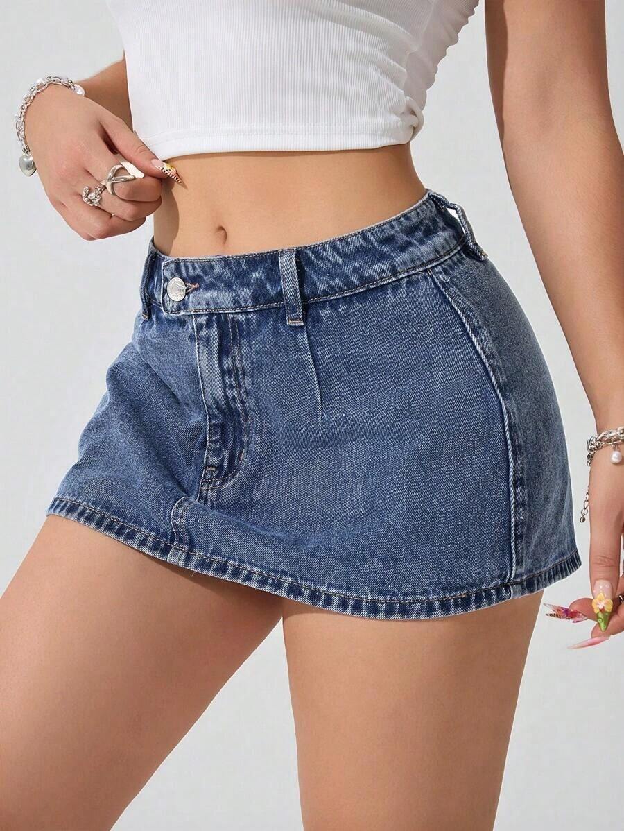 Falda mini de mezclilla lavada informal para mujer - Azul lavado medio - Ver 1