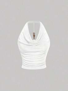 3 piezas Camiseta de mujer de unicolor con cuello drapeado de moda - Multicolor 3 - Ver 9