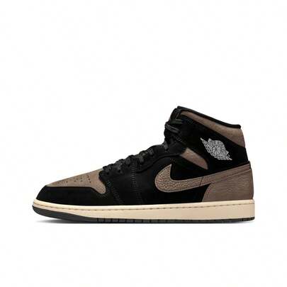 Nike Jordan Air Jordan 1 Mid SE Mocha Reverse Swoosh Colorway: Classic, Comfortable Mid-Top Retro Basketball Shoes, Unisex, Brown/Black.