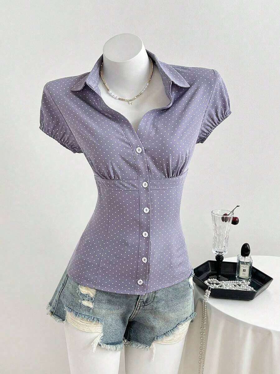 Camisa de mujer con cuello en V, cintura fruncida y manga corta, color blanco, para primavera/verano - Morado - Ver 1