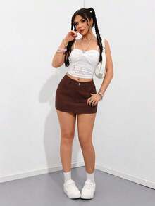 Minifalda vaquera casual de uso diario para mujer con bolsillos y botones - Marrón - Ver 5