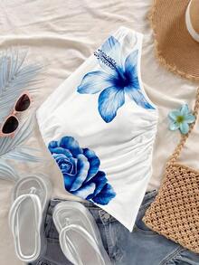 Blusa asimétrica de hombro con bajo asimétrico en color rojo rosa, ideal para vacaciones de verano - Azul y blanco - Ver 1