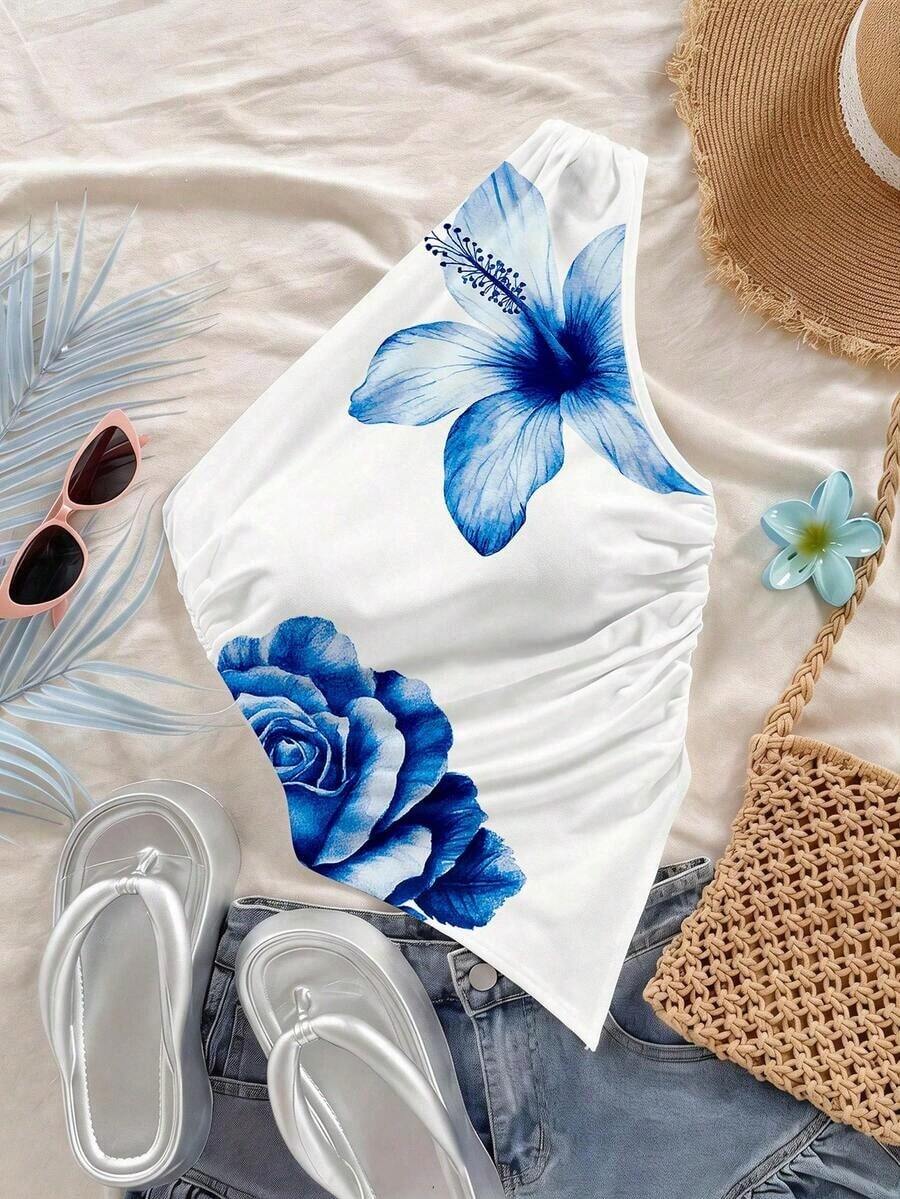 Blusa asimétrica de hombro con bajo asimétrico en color rojo rosa, ideal para vacaciones de verano - Azul y blanco - Ver 1