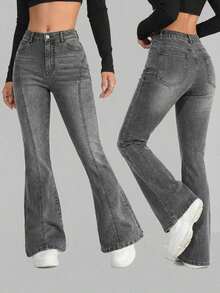 Explorewe Jeans de mezclilla estilo Y2K versátiles lavados y desgastados con pierna acampanada y elásticos para niñas adolescentes - Azul - Ver 11
