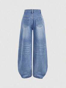 Girlism Pantalones vaqueros anchos y holgados estilo vintage Y2K, pantalones de mezclilla de pierna ancha, ropa de calle Harajuku , estilo retro de los años 2000, para adolescentes, primavera y vuelta al colegio - Azul lavado medio 2 - Ver 2