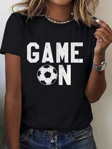 Camiseta de mujer de una pieza con cuello redondo y estampado, Serie de ropa EE. UU.-México-Canadá, Camiseta atmosférica de cuello redondo con estampado de fútbol blanco desgastado, Atuendo para ver partidos de estilo vintage americano. Ropa de porra. Nueva manga corta cómoda de primavera/verano - Negro - Ver 2