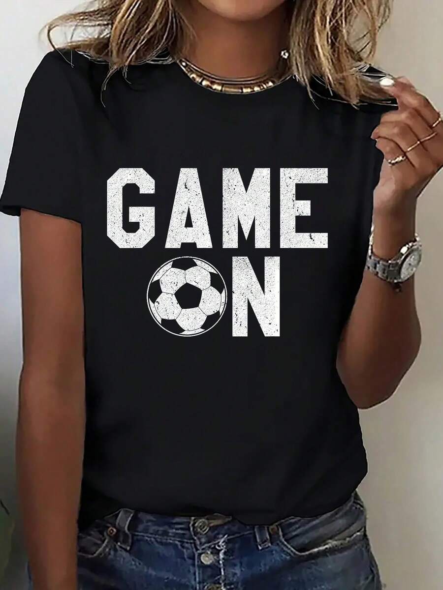 Camiseta de mujer de una pieza con cuello redondo y estampado, Serie de ropa EE. UU.-México-Canadá, Camiseta atmosférica de cuello redondo con estampado de fútbol blanco desgastado, Atuendo para ver partidos de estilo vintage americano. Ropa de porra. Nueva manga corta cómoda de primavera/verano
