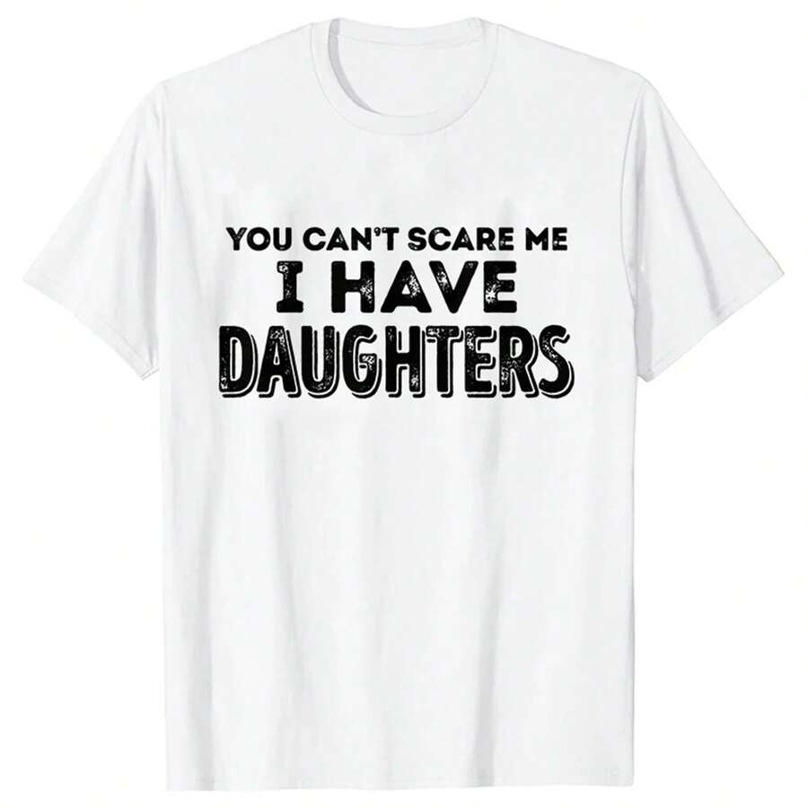 Bonita y moderna camiseta de punto para mujer con estampado del eslogan "Tengo hijas", manga corta, largo normal, estilo casual. - Blanco - Ver 1