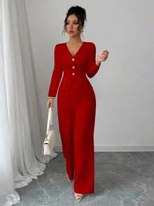 Elenzya Conjunto de blazer y pantalones de manga larga elegante para mujer, estilo de negocios/oficina, adecuado para verano, Día de la Independencia, graduación, vuelta al colegio - Burdeos - Ver 4