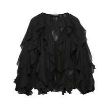 Blusa elegante de mujer con cuello en V, abotonada, de manga larga, con decoración laminada, color liso, Primavera 2025 - Negro - Ver 9