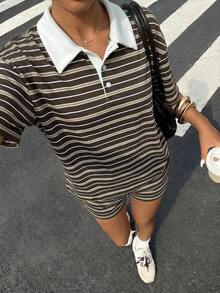 Conjunto de estilo preppy de camisa tipo polo y pantalones cortos a rayas de estilo retro casual estadounidense para mujer, en color rojo oscuro-marrón.Camisa tipo polo para mujer, ropa retro a rayas, conjunto de ropa de los 90, ropa estética casual para mujer, de atuendos de verano para mujer, conjunto de camisa tipo polo y pantalones cortos a rayas, atuendo retro, rayas para mujer. - Multicolor - Ver 5