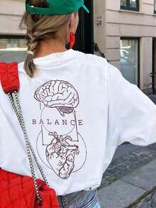 Women's Casual T-Shirt With A Brain And Heart Anatomy Print, Loose And Oversized Fit, Street Style With A Round Neck And Short Sleeves, Suitable For Work, Urban Travel, Summer Outings, Meetings With Friends, And Weekend Brunch. - 白色 - 查看 7