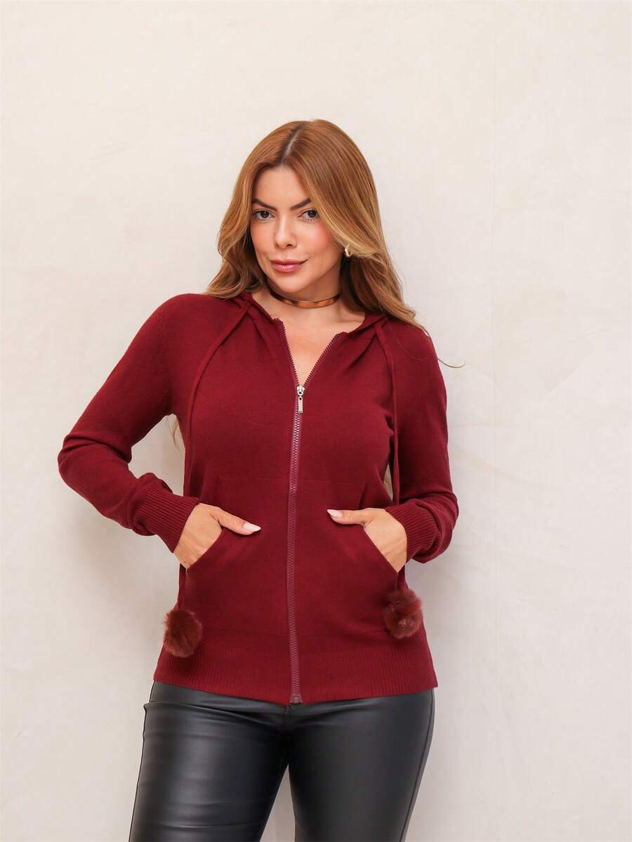 Women's Knitted Jacket With Hood And Zipper, Modal, Comfortable And Stylish, Winter SD3002 - Burgundy - View 1