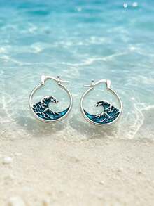 1 par de pendientes de aro redondos de esmalte con onda azul elegante estilo bohemio, adecuados para uso diario y vacaciones en la playa, un regalo de joyería versátil para mujeres - Plateado - Ver 3