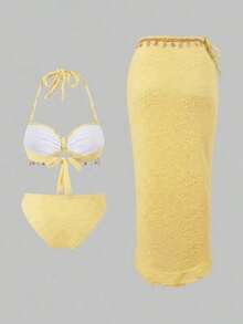 Conjunto de 3 piezas de traje de baño con decoración de tiras tejidas y textura de conchas para mujer, ideal para vacaciones en la playa - Amarillo - Ver 2