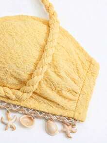 Conjunto de 3 piezas de traje de baño con decoración de tiras tejidas y textura de conchas para mujer, ideal para vacaciones en la playa - Amarillo - Ver 4