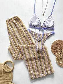 Swim Chiccia Conjunto de bikini a rayas sexy para mujer con pantalones, nueva llegada de trajes de baño para mujer 2026, adecuado para la escuela, vacaciones, citas, té de la tarde, estilo occidental, cruceros, playa, isla, viajes por carretera, todas las estaciones, festivales de música, vacaciones bohemias, vacaciones bohemias, otoño relajado, estilo occidental bohemio, blusas elegantes para mujer - Multicolor 17 - Ver 2
