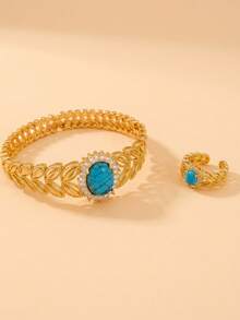 Set Gelang dan Cincin Terbuka Bertatahkan Turquoise 2 Buah, Modis dan Personal, Cocok untuk Pemakaian Sehari-hari, Hadiah. - Emas - View 7