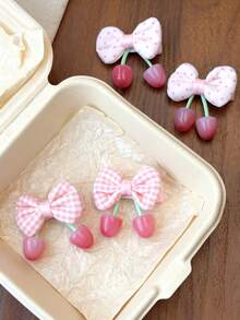 4pcs/2pcs Vintage Velvet Bow Cherry Hair Clips, Cute Side Clips For Girls - Multicolor - View 2