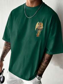 Fractyr Men's Casual Rock And Hip Hop Style Loose Fit Short Sleeve T-Shirt | Angel Print | Exquisite Design | Spring/Summer Must-Have | Basic, Retro, And Versatile Style - Hitam - View 4