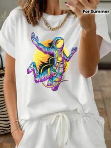 2026 New Year Themed T-Shirt, Colorful Space Astronaut Design, Casual Summer Wear, Quick-Drying, Comfortable, Loose Fit,  Blouse For Women. Women's Summer Graphic Tees. Women's Casual Printed T-Shirt, Short Sleeve, Crew Neck, Local Spring/Summer Streetwear. - 白色 - 查看 8