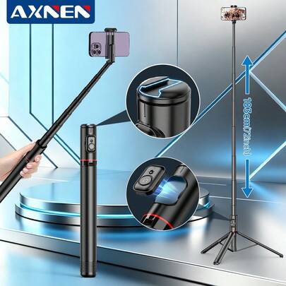 AXNEN 183厘米（72英寸）专业自拍杆三脚架，便携旅行一体式隐藏设计，可伸缩铝合金超长杆带冷靴接口，360°旋转手机支架带无线遥控器，兼容iOS和安卓手机，适用于自拍、视频录制、Vlog、直播等。