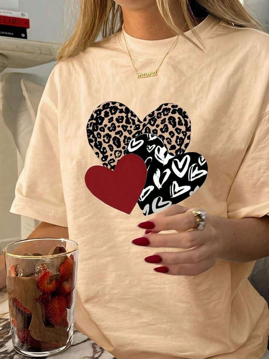 Camiseta Casual de Manga Corta con Cuello Redondo para Mujer, Estilo Vintage, con Estampado de Leopardo y Corazón, Blusa de Poliéster, Diseño Gráfico de Moda