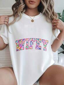 Women's Vintage Style Short Sleeve Casual T-Shirt - Colorful Leopard Print Design With "Wifey" Lettering, Round Neck, Summer Top, Machine Washable, Ladies' T-Shirts, Casual Wear, Modern Style, Comfortable Fit

-WhiteFashion - 白色 - 查看 7