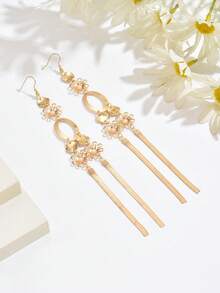 1 Pair Elegant Women's Dangle Earrings, Fashion Personalized Vintage Bohemian Metal Geometric Round Hollow Oval Flower Snake Chain Tassel Long Earrings, Suitable For Daily, Casual, Holiday, Celebration, Versatile Accessory - Golden - View 4