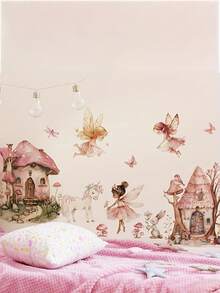 1pc Fairy & Unicorn Self-Adhesive Wall Sticker - Pink Princess Room Decor, Perfect For Home Decoration - Multicolor - View 1