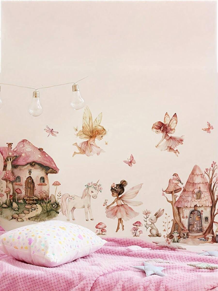 1pc Fairy & Unicorn Self-Adhesive Wall Sticker - Pink Princess Room Decor, Perfect For Home Decoration - Multicolor - View 1