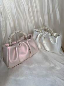 Mini Solid Color Women Pleated Handbag, Women Solid Color Cloud & Crescent Shoulder Bag , New Year, Cream Bag, Beaded Faux Faux Pearl Evening Handbag, Mini Cocktail Party Clutch, Elegant Wedding Party Clutch. - trắng - Xem 5