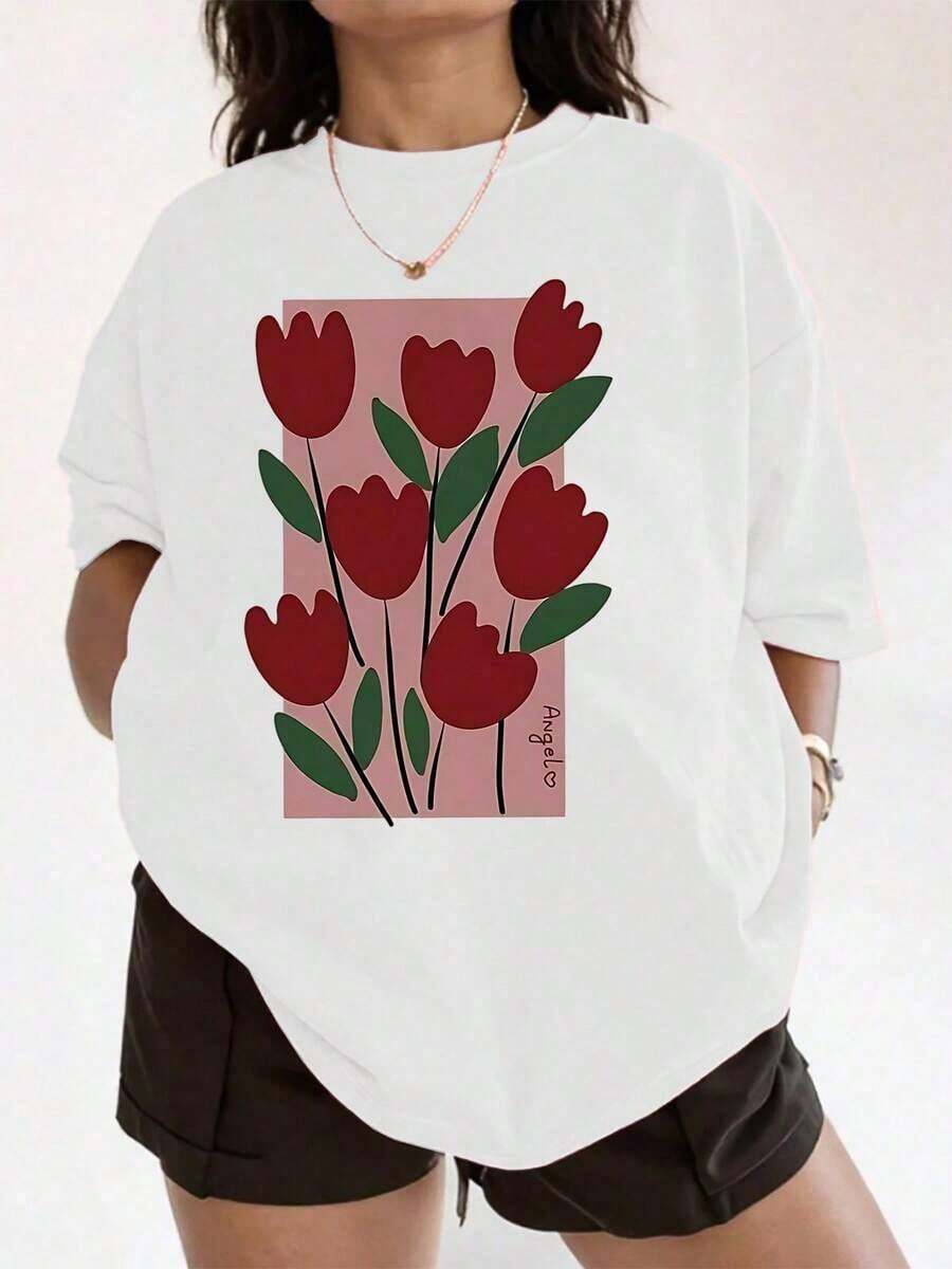 Elegante camiseta de mujer con estampado floral abstracto, elegante camiseta de cuello redondo para uso informal, tela suave y cómoda, diseño de tulipán rojo vibrante, perfecta para la moda diaria, es una maravillosa opción de regalo con un patrón único y un ajuste moderno, ideal para atuendos de verano y capas, expresa tu personalidad con este llamativo top. - Blanco - Ver 1