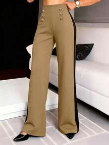 1pc Women's Fashion Versatile Contrast Color Front Zip High Waist Straight Leg Casual Pants, Black Office Work Trousers, Spring/Summer - Khaki - View 3