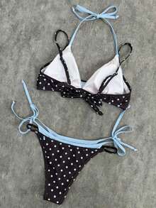 Conjunto de traje de baño para mujer 2026, parte superior de bikini con estampado de lunares y contraste de color tipo halter sexy con espalda descubierta, y Bottom tipo tanga, adecuado para el Día de San Valentín, la playa, resort, vacaciones al aire libre en verano - Caqui - Ver 3