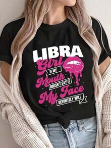 Camiseta de manga corta con cuello redondo y estampado de letras, estilo europeo y a la moda, para mujer. - Negro - Ver 8