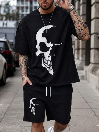  Fractyr Men's Two Sided Print Skull Graphic T-Shirt & Shorts Set, Gothic Streetwear Matching Outfit, Edgy Black Skeleton Print Casual Co-Ord, Soft Touch Short Sleeve Tee And Elastic Waist Shorts For Urban Style
