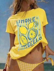 DrmWander Women's T-Shirt, Short Sleeve Graphic Tee, Casual Street Style, Cute Summer Top - 黃色 3 - 查看 8