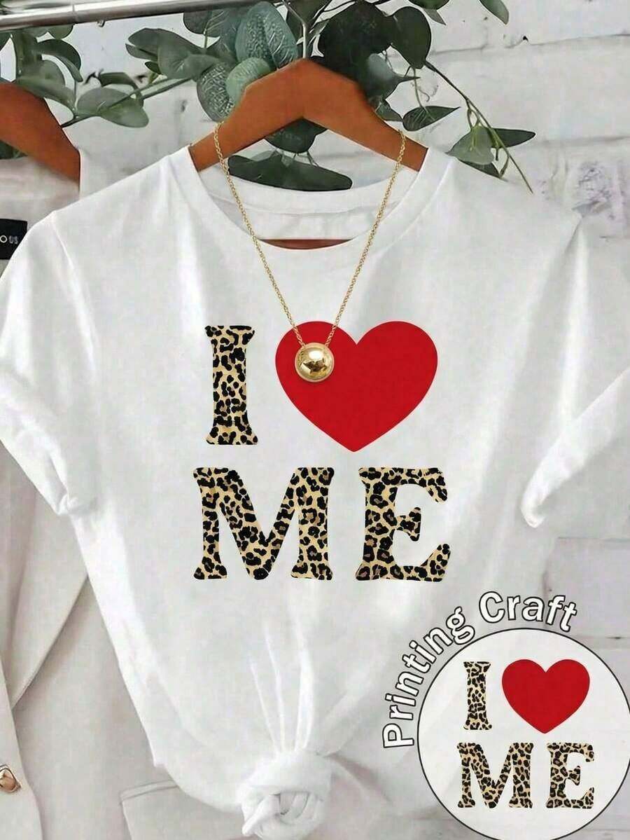 Camiseta suave 100% algodón, informal para mujer, con estampado de leopardo "I Love Me", manga corta, cuello redondo, transpirable, combina con todo, genial. - Blanco - Ver 1