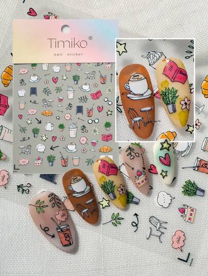3D Stereo Printed Nail Stickers With Cafe Elements, Including Coffee Cups, Croissants, Cakes, Books, And Plants, Conveying A Relaxed Atmosphere, Suitable For Commuting, Minimalist Fashion, Simple Manicure, And Leisure Scenarios, Ideal For Gentle Enthusiasts, Students, Mothers, Nail DIY Beginners, And Lightly Mature Girls