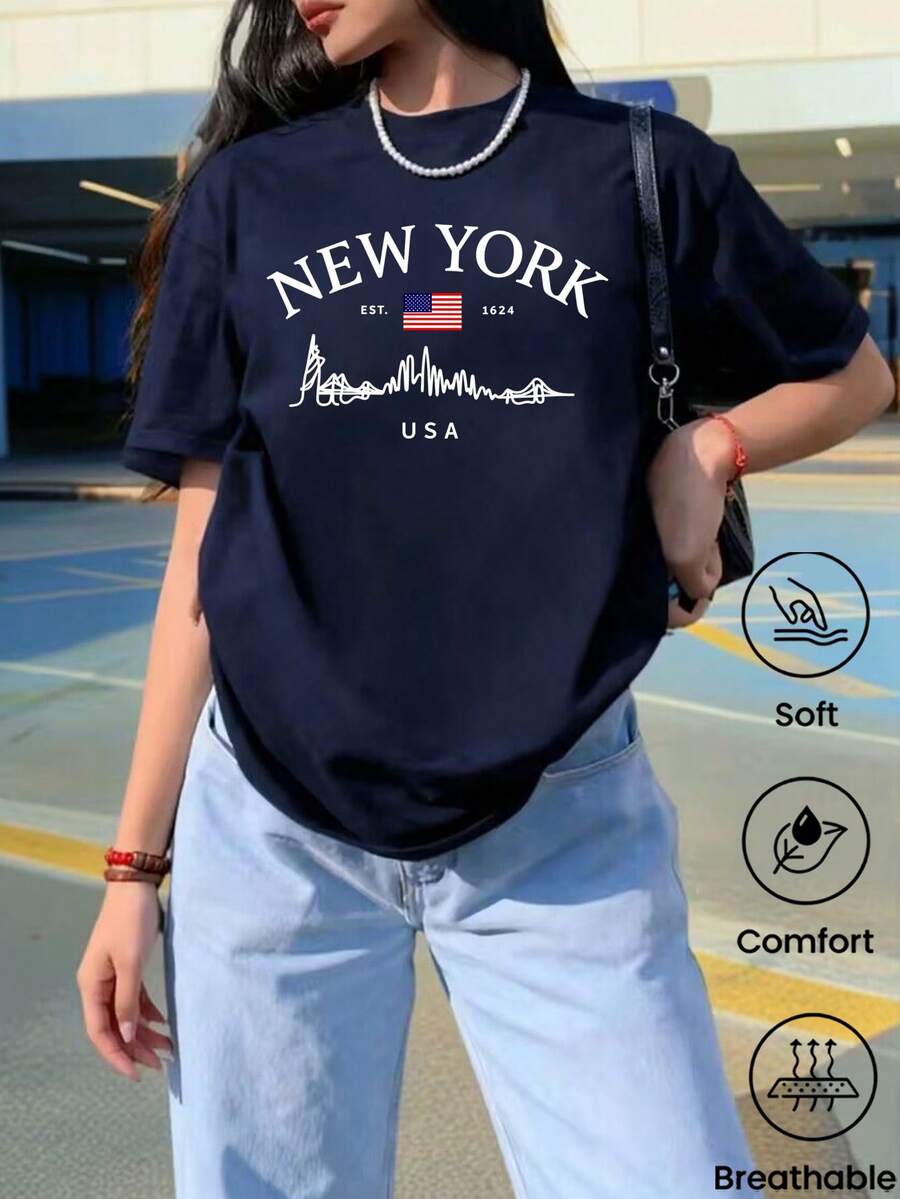 180 g Hecho en México, Moda Primavera/Verano 2026 Camiseta de manga corta, Estampado de dibujos animados, Estilo para parejas, Ropa interior/exterior, Cuello redondo informal para la oficina, Top unisex de una pieza - Azul Marino - Ver 1