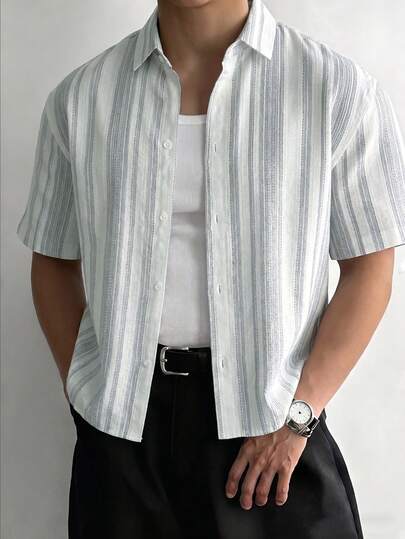 WAIT HIM 男士亚麻休闲宽松印花短袖衬衫，夏季款