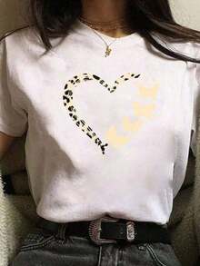 Camiseta Básica Casual y Sencilla para Mujer con Estampado de Corazón y Mariposa - Estilo Urbano Vintage, Unisex, de Algodón, Manga Corta, Cuello Redondo, Oferta de  Relámpago Blusas Bonito 100% Cotton - Blanco - Ver 7
