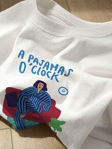 Camiseta con estampado gráfico, manga corta y cuello redondo, top casual para verano y primavera, ropa de mujer - Blanco - Ver 2