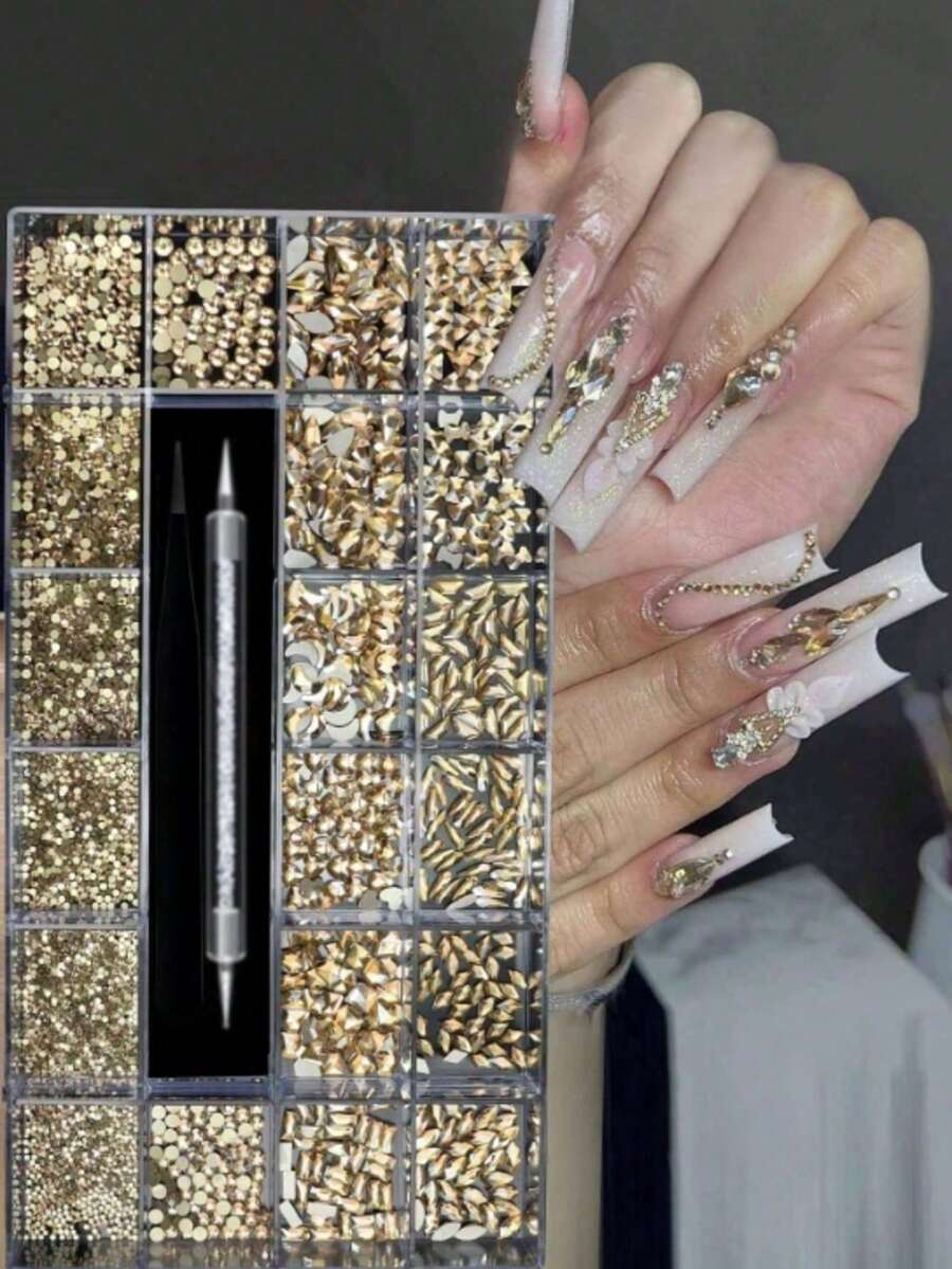1 Caja de Strass para Uñas Color Champán, Formas Variadas para DIY, Decoraciones de Arte de Uñas 3D, Adecuado para Uso Diario y Salones de Uñas, Encantos para Uñas - Champán - Ver 1