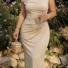 MOD Plus Size Women's Waist Ruched Oblique Shoulder Long Dress, Metal Buckle Decor, Apricot Color, Wedding Guest Dress For Women,Graduation Dress ,Coords For Women Casual Classy,Festival Dresses, Glamarae Elegant Luxurious Dress, Elegant Sophisticated Dress, Bodycon Long Dress, Women's Formal One-Shoulder Dress, Occasion Dresses For Ladies,Elegant Long Party Dress,Wedding Guest Dress,Work Outfits For Women - Albaricoque - Ver 9