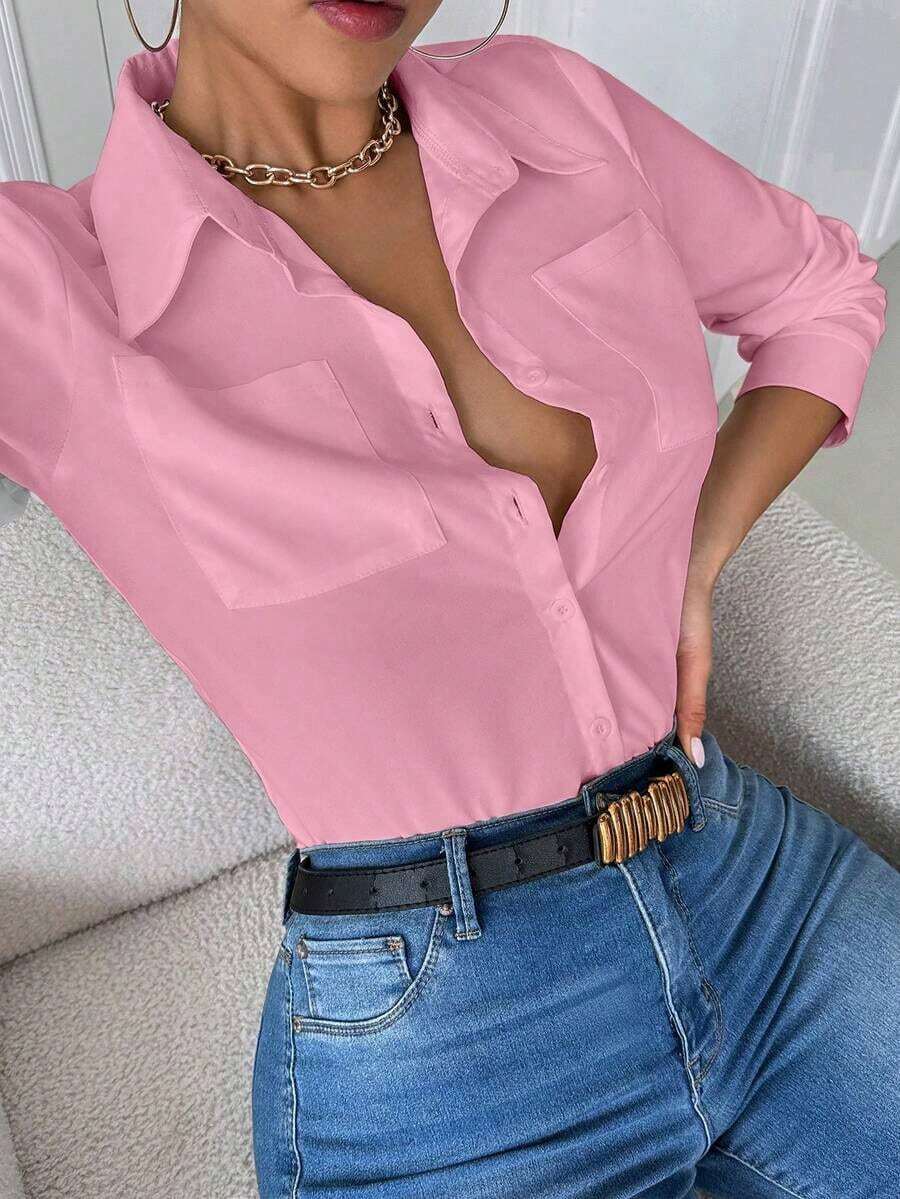 Blusa blanca casual con cuello y bolsillo, de manga larga ajustada para mujeres - Rosa - Ver 1