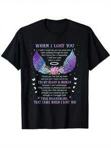 Camiseta Conmemorativa Heaven Tee "Cuando Te Perdí" 180g 100% Algodón para Hombres y Mujeres, Regalo de Condolencias con Estampado de Alas de Ángel y Corazón, Camiseta "En Memoria Querida" de Ajuste Cómodo, Cuello Redondo, Manga Corta, Tela Transpirable para la Pérdida de un Ser Querido, Ropa Casual de Conmemoración. - Negro - Ver 1