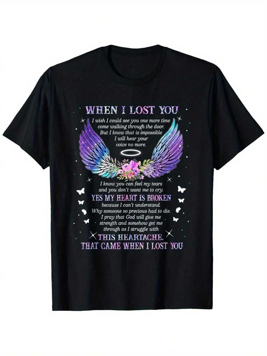 Camiseta Conmemorativa Heaven Tee "Cuando Te Perdí" 180g 100% Algodón para Hombres y Mujeres, Regalo de Condolencias con Estampado de Alas de Ángel y Corazón, Camiseta "En Memoria Querida" de Ajuste Cómodo, Cuello Redondo, Manga Corta, Tela Transpirable para la Pérdida de un Ser Querido, Ropa Casual de Conmemoración. - Negro - Ver 1